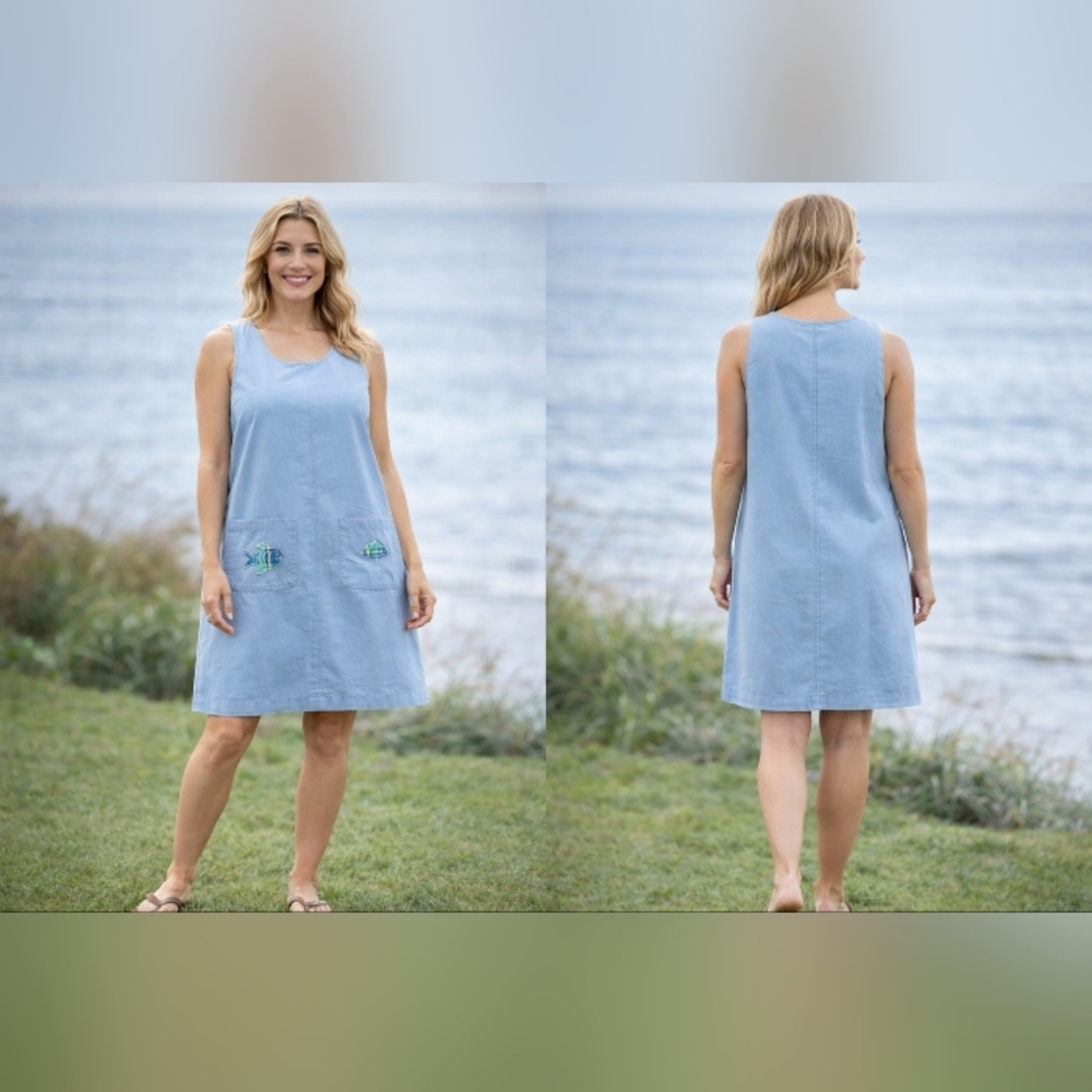 bjs light blue cotton beach shift dress fish umbrella pockets nautical l